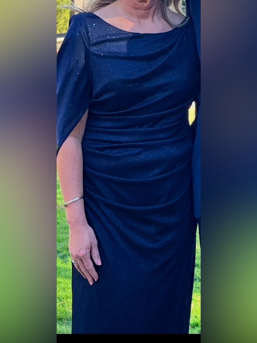 R&M Richards Navy Sparkle Draped Evening Gown